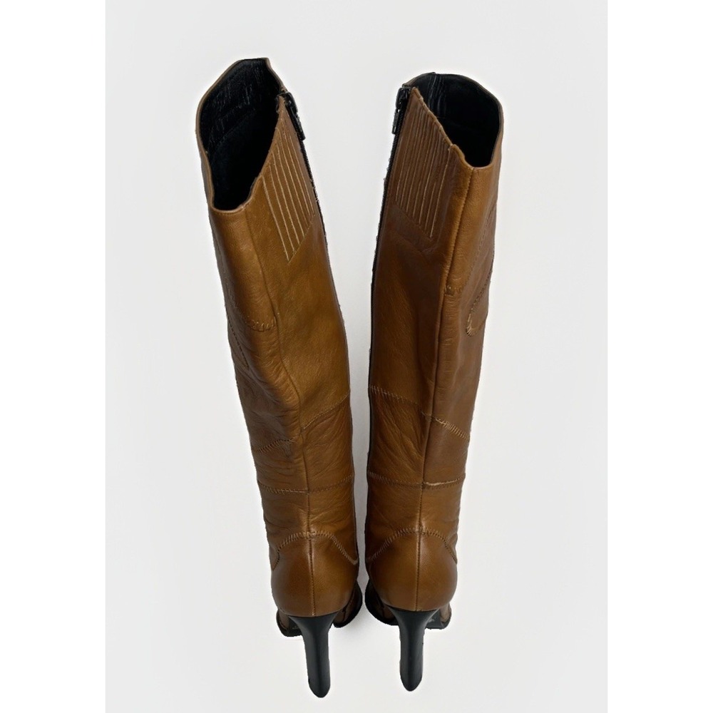 Vintage Wild Orchid Cognac Leather Wavy Patch Stitch Knee High Boots Y2K Size 10 - Picture 5 of 15